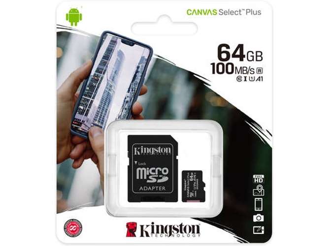 Tarjeta de Memoria KINGSTON 64GB MicroSD Canvas Select Plus 100R A1 C10 + Adaptador