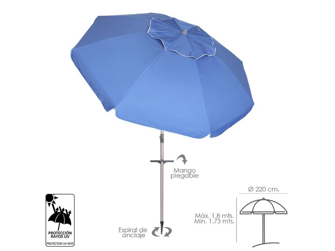 Sombrilla playa aluminio extra grande ø 220 cm. con protección uv, cuspide anti viento, mastil aluminio con mango y espiral