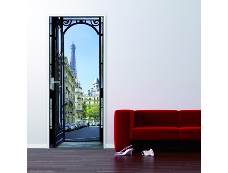 Adhesivo Decorativo de Puerta PLAGE Puerta de Hierro Negro Abierta a las Calles de París, la Torre Eiffel y Edificios Parisinos 204 cm X 83 cm