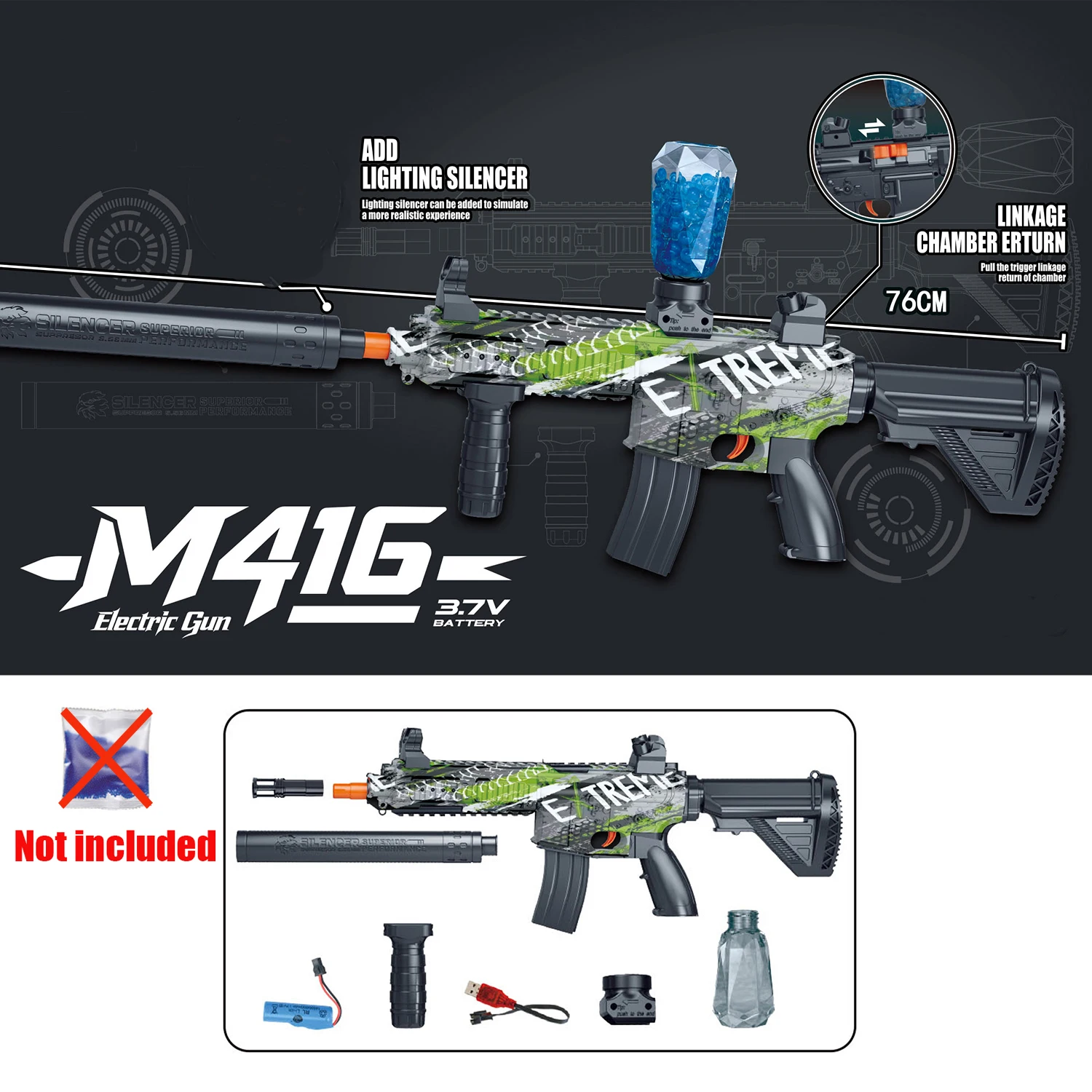 (verde) Pistola De Brinquedo Elétrica Automática M416, Equipada Com Bateria Recarregável De 3,7 V E Cabo De Carregamento Usb