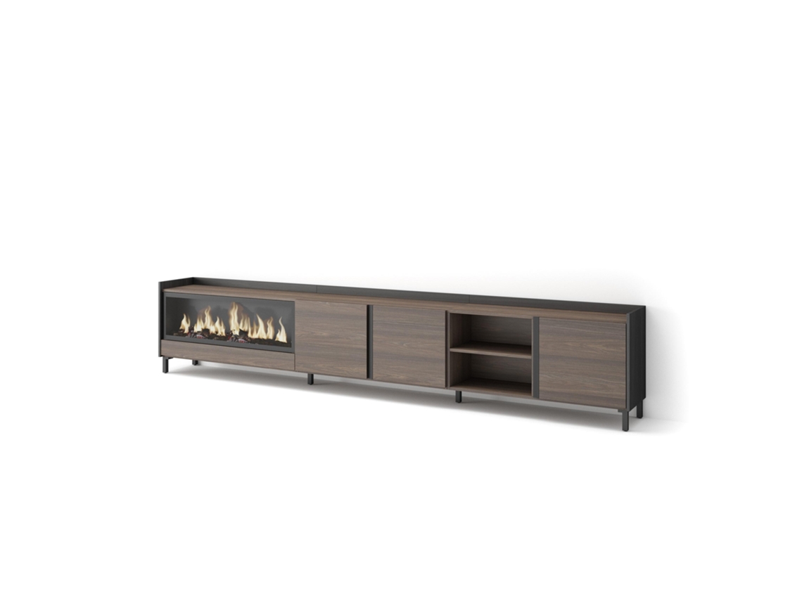 Mueble para TV, 315x35x61cm, para televisores de hasta 80'', chimenea eléctrica XXL, diseño industrial, roble oscuro y negro.