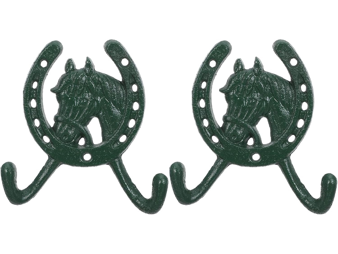 Ganchos Pared Hierro Fundido 2 Piezas Decorativos Cabeza Caballo Verde Herradura Rústicos Chaquetas