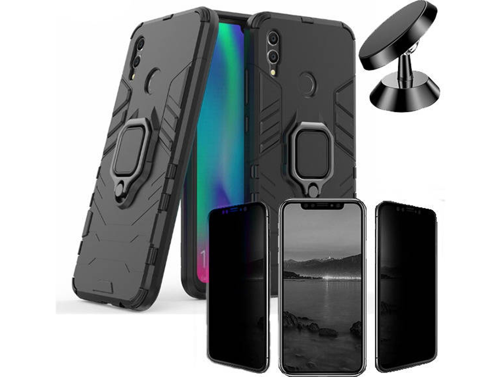 Kit Carcasa, Protector Privacy y Soporte Magnetico Huawei P Smart 2019 Military Defender Negro