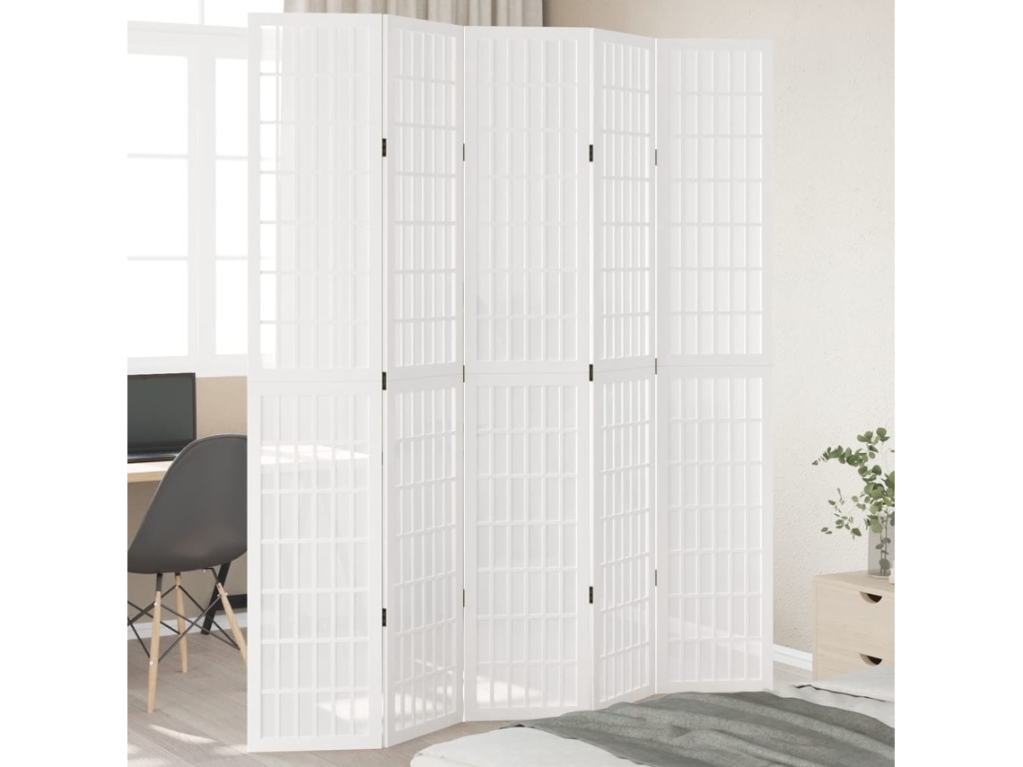 Biombo | Separador de ambientes | Protector de privacidad con 5 paneles de madera maciza de paulownia blanca.