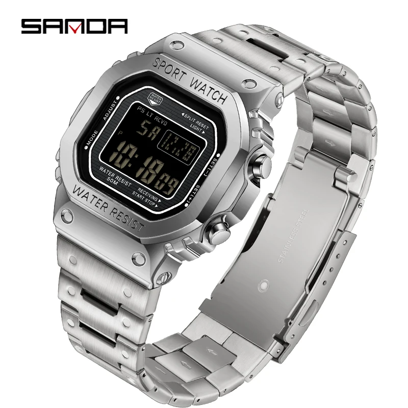 Reloj Electrónico Para Hombre (plateado), Acero Inoxidable, Resistente A Los Golpes, Reloj Digital Led.
