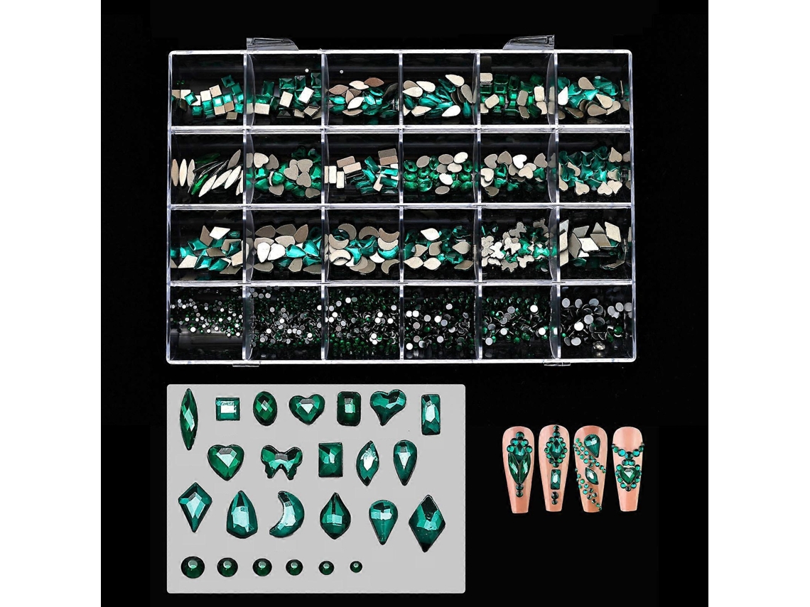 24 dijes de uñas mixtos de diferentes grados, cristales AB con diamantes de imitación de fondo plano para decoración de uñas, suministros para manicura, verde oscuro Hengrongshen