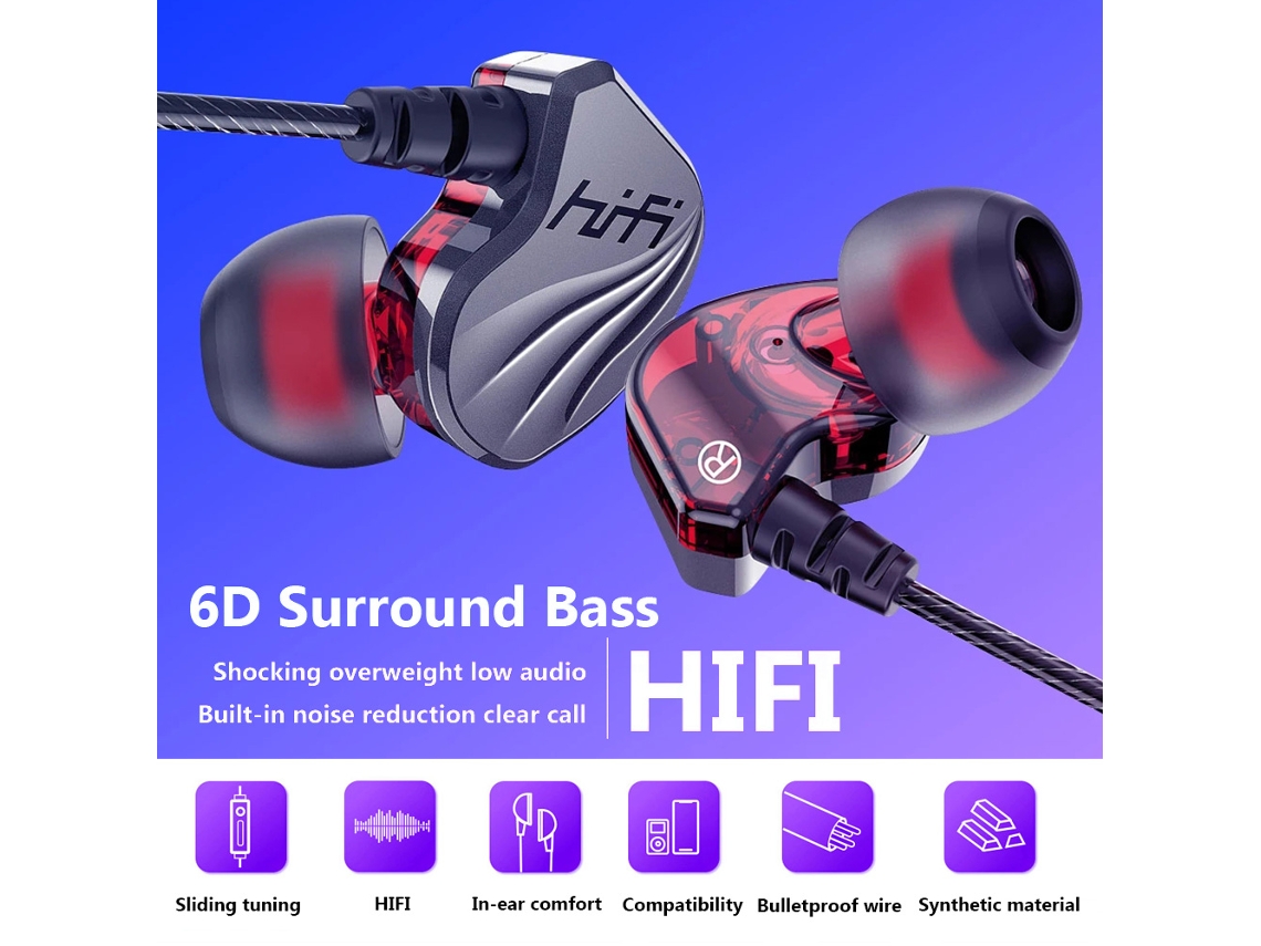 Auriculares Intrauditivos Con Graves Envolventes 6d, Resistentes Al Agua, Para Deportes Y Videojuegos, 3,5 Mm, Negro/rojo