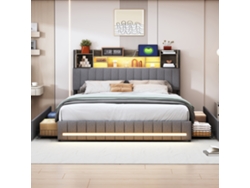 Cama Tapizada De Matrimonio 140x190 Cm Con Almacenaje, Luces Led, 4 Cajones Y Carga Usb/usb-c, Diseño Moderno En Lino Gris