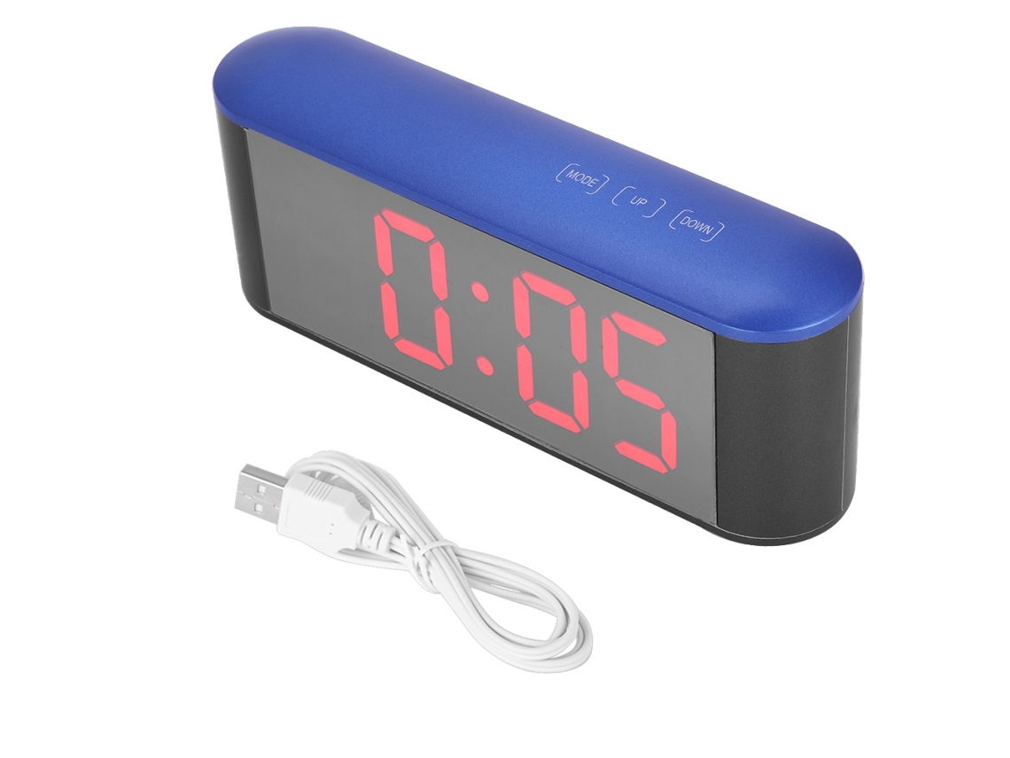 Relógio Digital Eletrônico Com Alarme E Termômetro Superfície De Espelho Led Azul Números Vermelhos