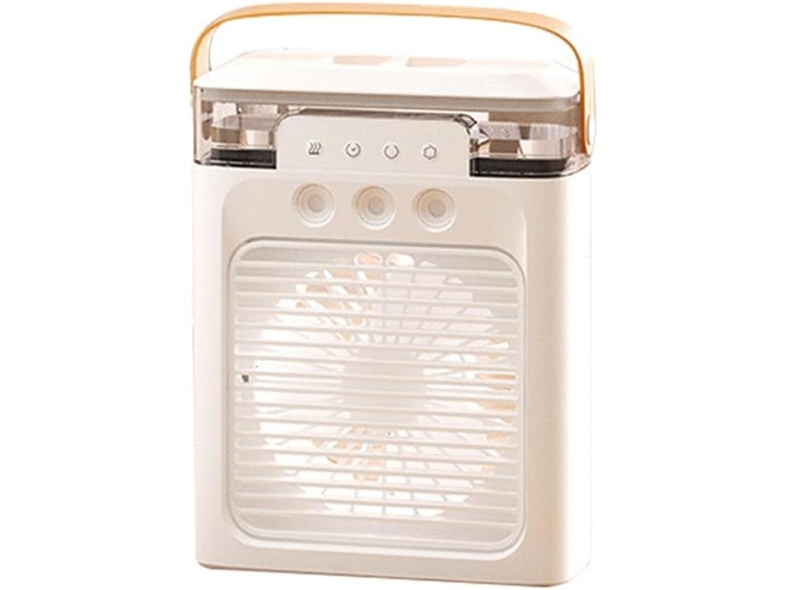 Ventilador portátil (blanco) con aire acondicionado, recargable mediante USB, con 3 modos de nebulización.