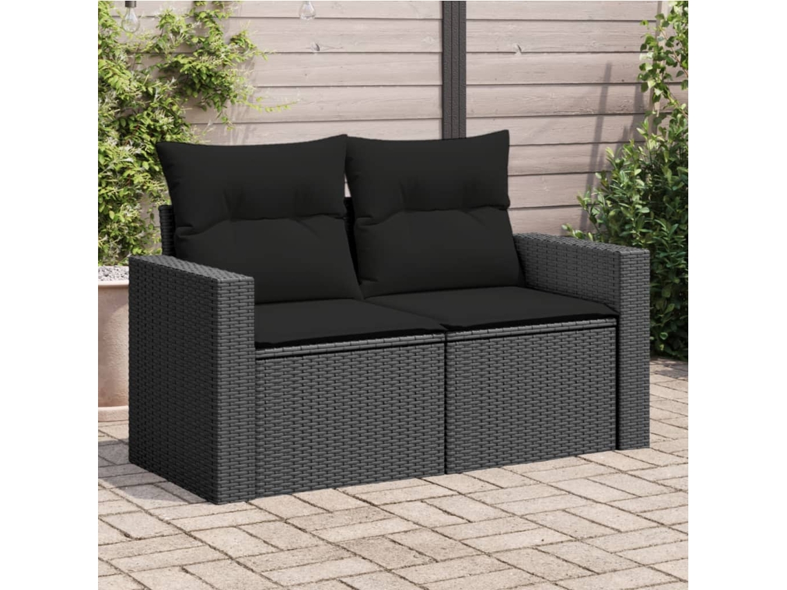 Sofá de jardín de 2 plazas con cojines, mimbre, negro, PE, Dkd Home Decor