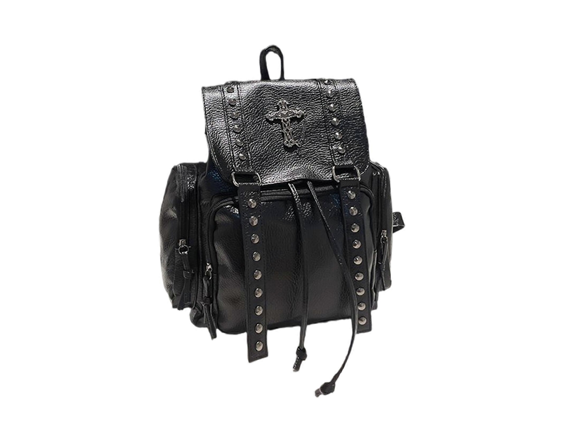 Mochila multifuncional con detalles de remaches, confeccionada en piel sintética, ideal para el colegio y el día a día. Negra.