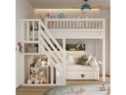 Cama Alta De Madera Maciza 90x200 - Con Escalera Y Armario De Almacenamiento, Cama Individual Para Niños Y Jóvenes - Blanco