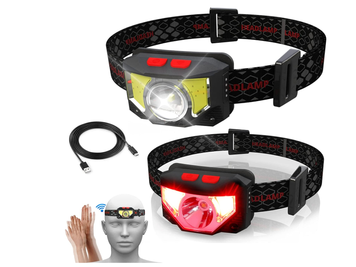 Linterna frontal recargable, luz frontal impermeable de 1500 mAh, 6 modos, para caminatas, campamentos, pesca, lectura nocturna, paquete de 2 (negro) YIZHOOD