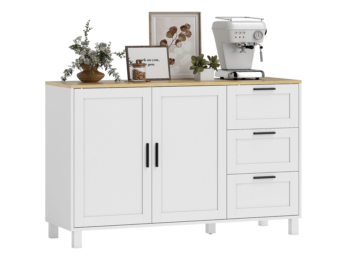 Aparador moderno para salón con 2 puertas, 3 cajones y estante ajustable para comedor o entrada, 120x38x76 cm, blanco.