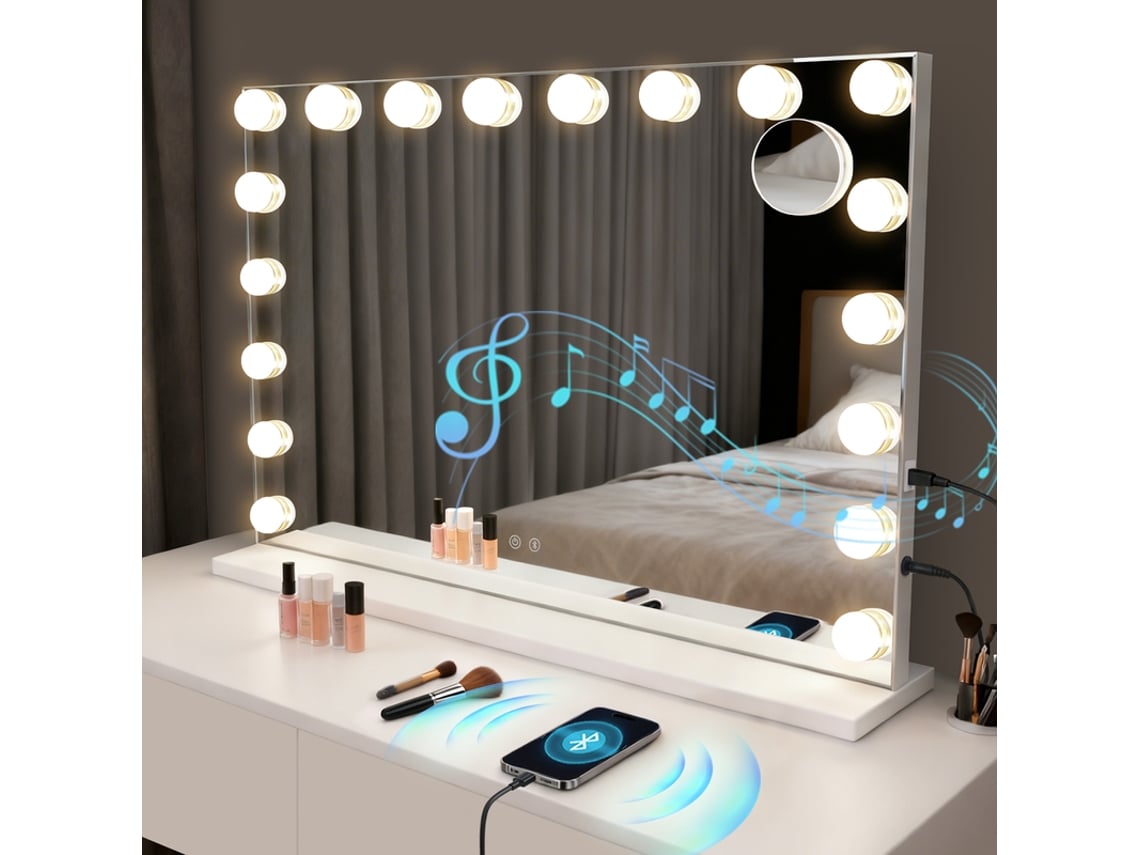 Espejo De Maquillaje Hollywood Con Led Y Bluetooth, 18 Led, Espejo De Tocador Grande, Luz Y Música, 3 Modos, Táctil Y Regulable