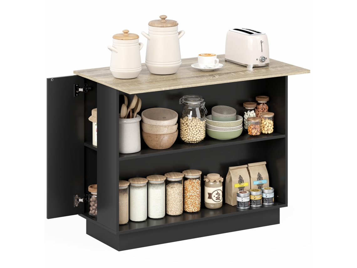 Carrito De Servicio Para Isla De Cocina Con Estante Ajustable, 2 Compartimentos Abiertos, 2 Armarios, Encimera Efecto Madera, 105 X 60 Cm, Negro.