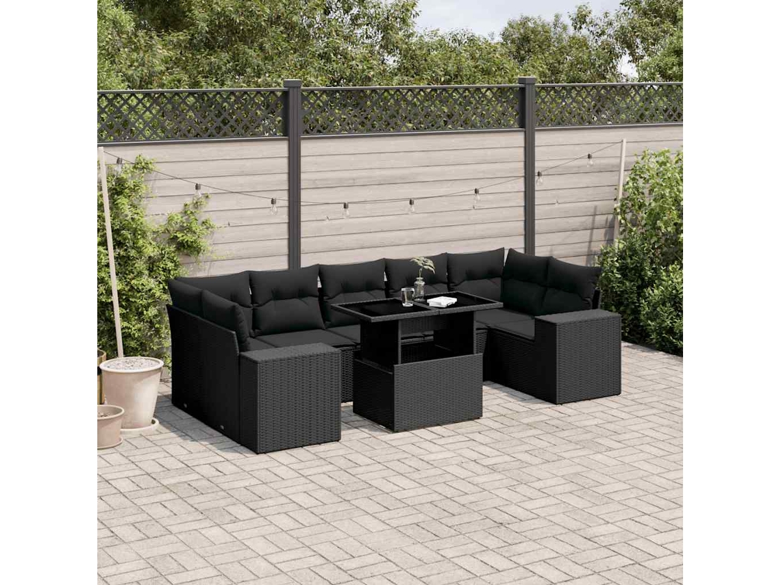 Conjunto de sofá de jardín de 8 piezas con cojines en mimbre sintético negro de DKD Home Decor