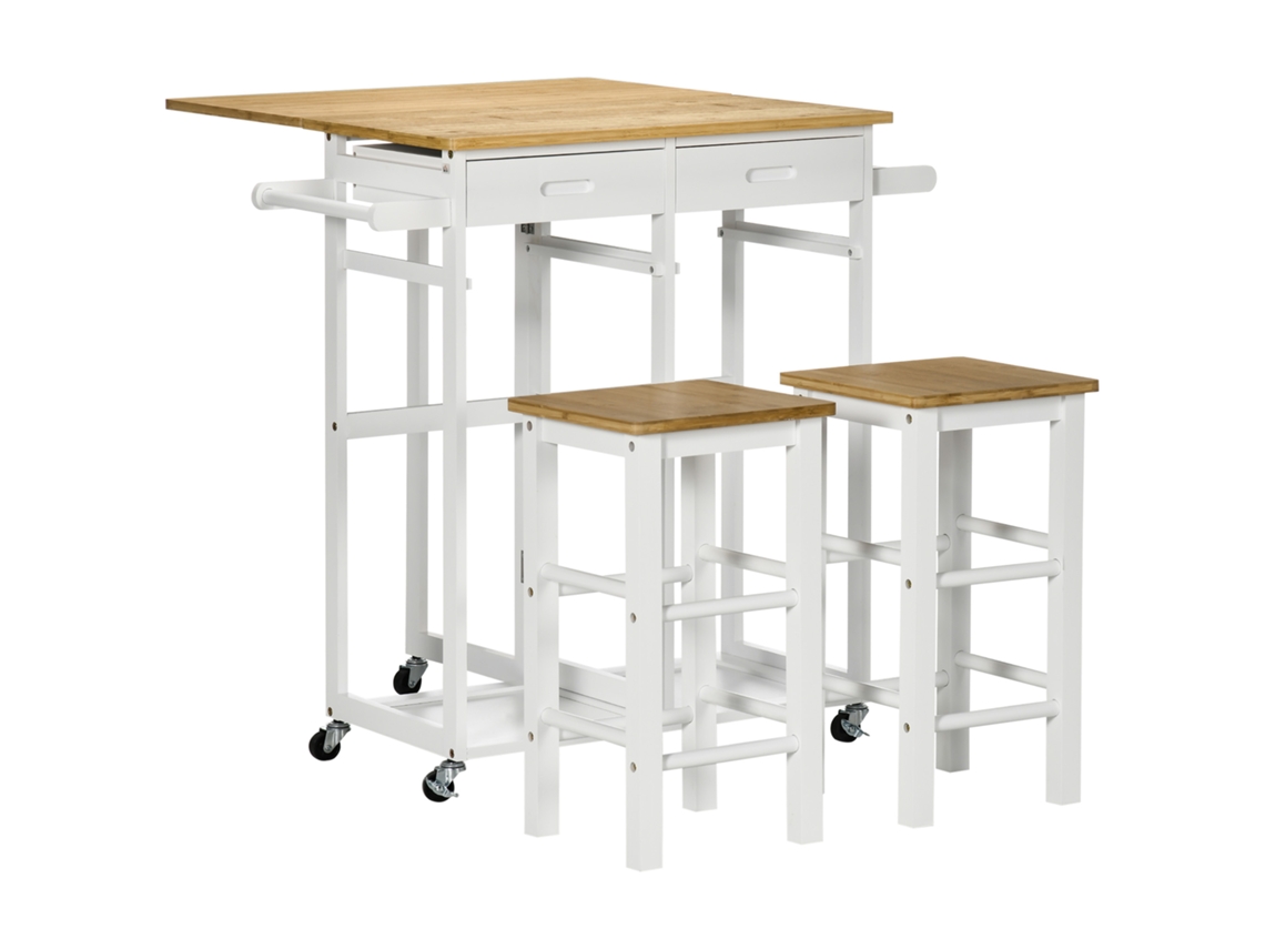 Conjunto de mesa de bar plegable con ruedas + 2 taburetes en blanco y madera clara - 2 cajones y toallero