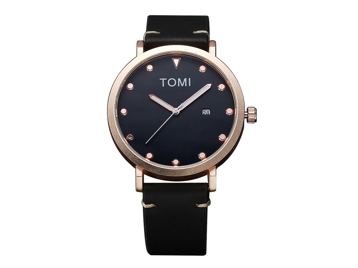Pulsera para hombre Tomi aleación Correa Pu Dial redondo cuarzo negro reloj de oro