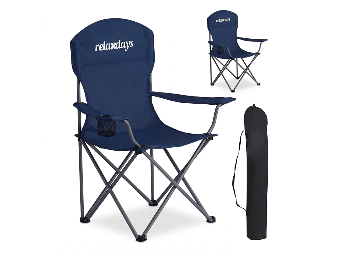 Cadeira De Campismo Relaxdays, Pack De 2, Dobrável, Bolsa De Transporte, Porta-copos, 150 Kg, Poliéster, Metal, Azul