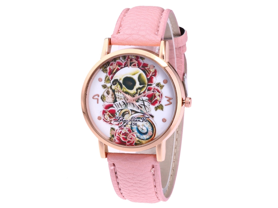 Reloj De Pareja Zhoulianfa Patrón Calavera Correa De Cuero Mujer Hombre Cuarzo Rosa F-436