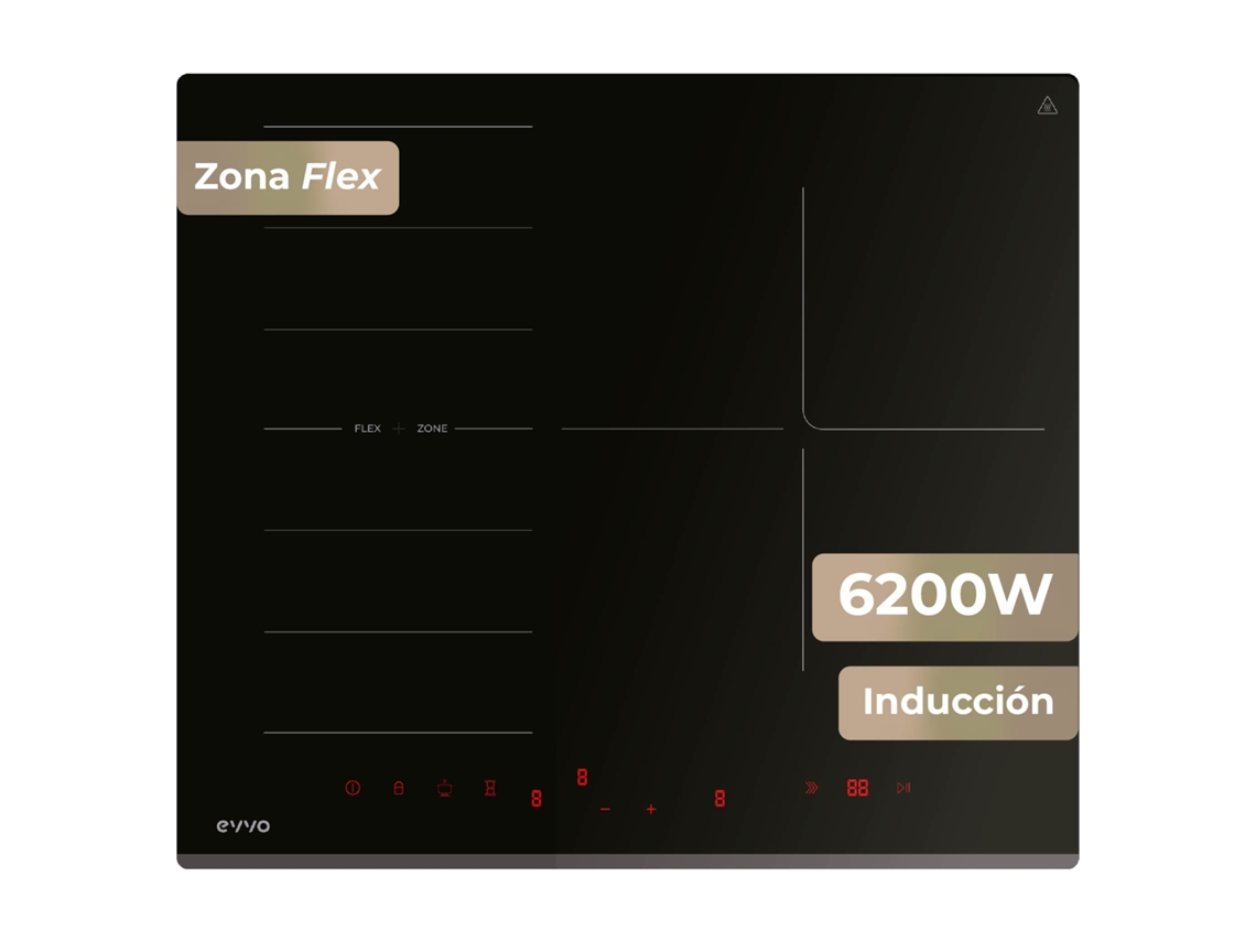 Placa de inducción Evvo V62, 4 zonas (incluye zona flexible), 7200 W, función Booster, control táctil, cristal negro.