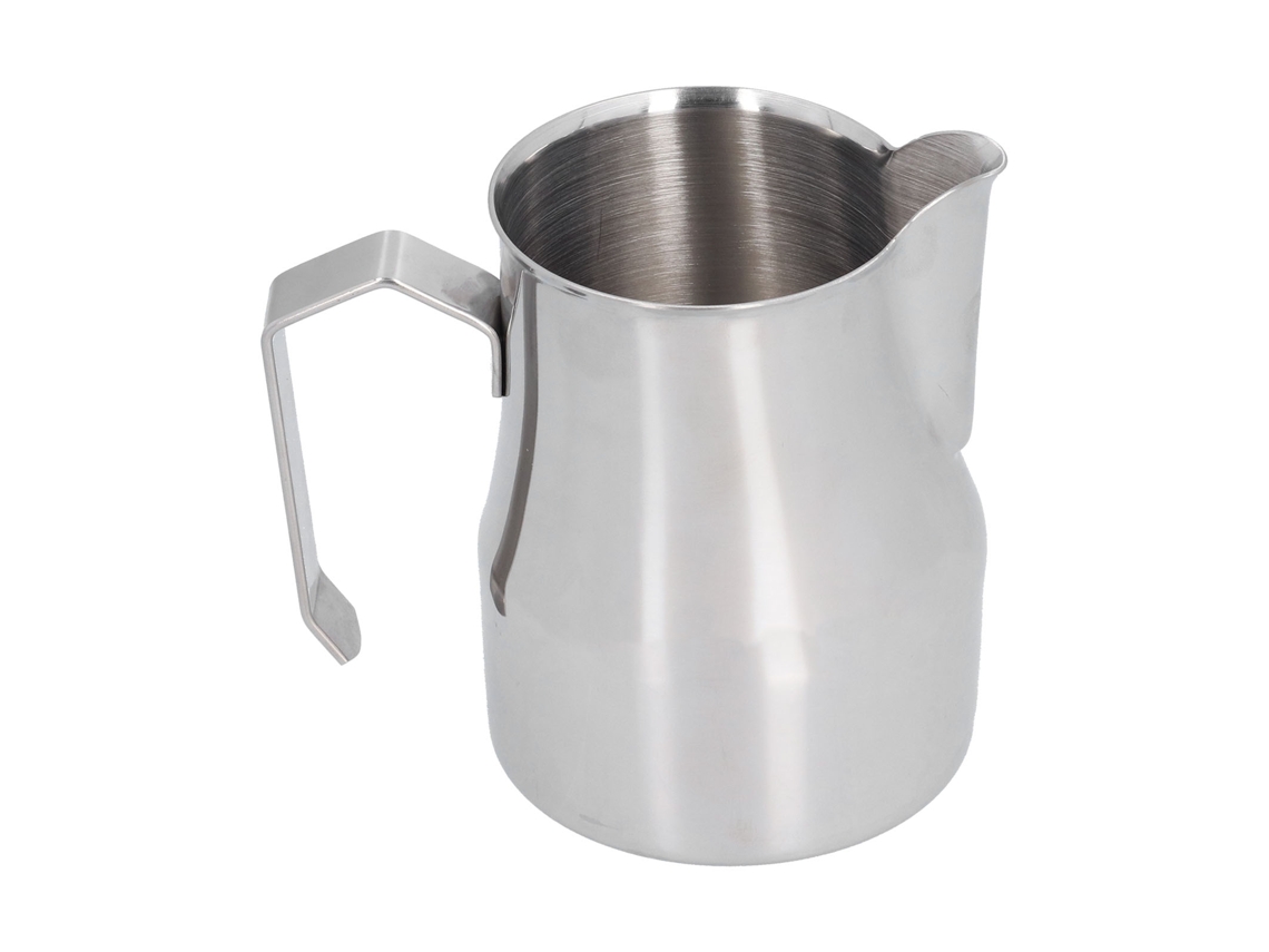 Jarra de acero inoxidable de 450 ml para espumar leche, ideal para latte art en casa. Color acero inoxidable.