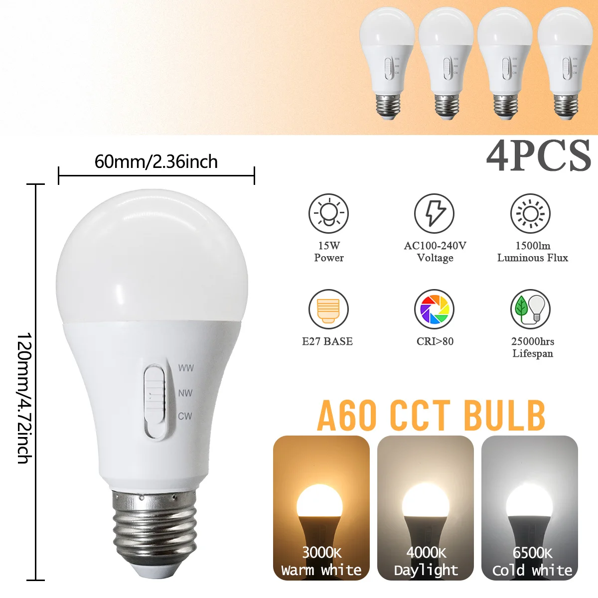 (4pcs, Ac100-240v) Bombilla Led E27 Con Interruptor Dip, Interruptor De Temperatura De Tres Colores, 15w, Para La Iluminación Del Hogar
