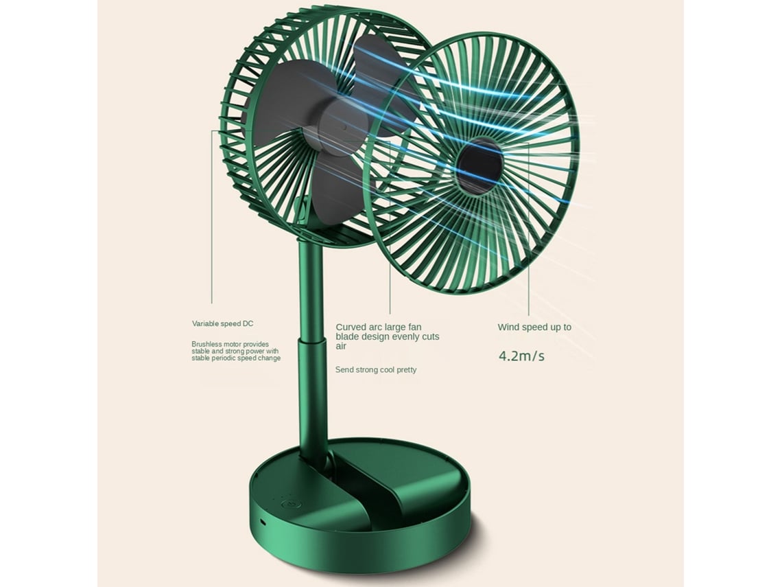 Ventilador USB inalámbrico portátil y plegable de 3 velocidades y 2000 mAh.