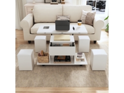 Mesa de centro multifuncional transformable en mesa y 4 taburetes, color blanco.