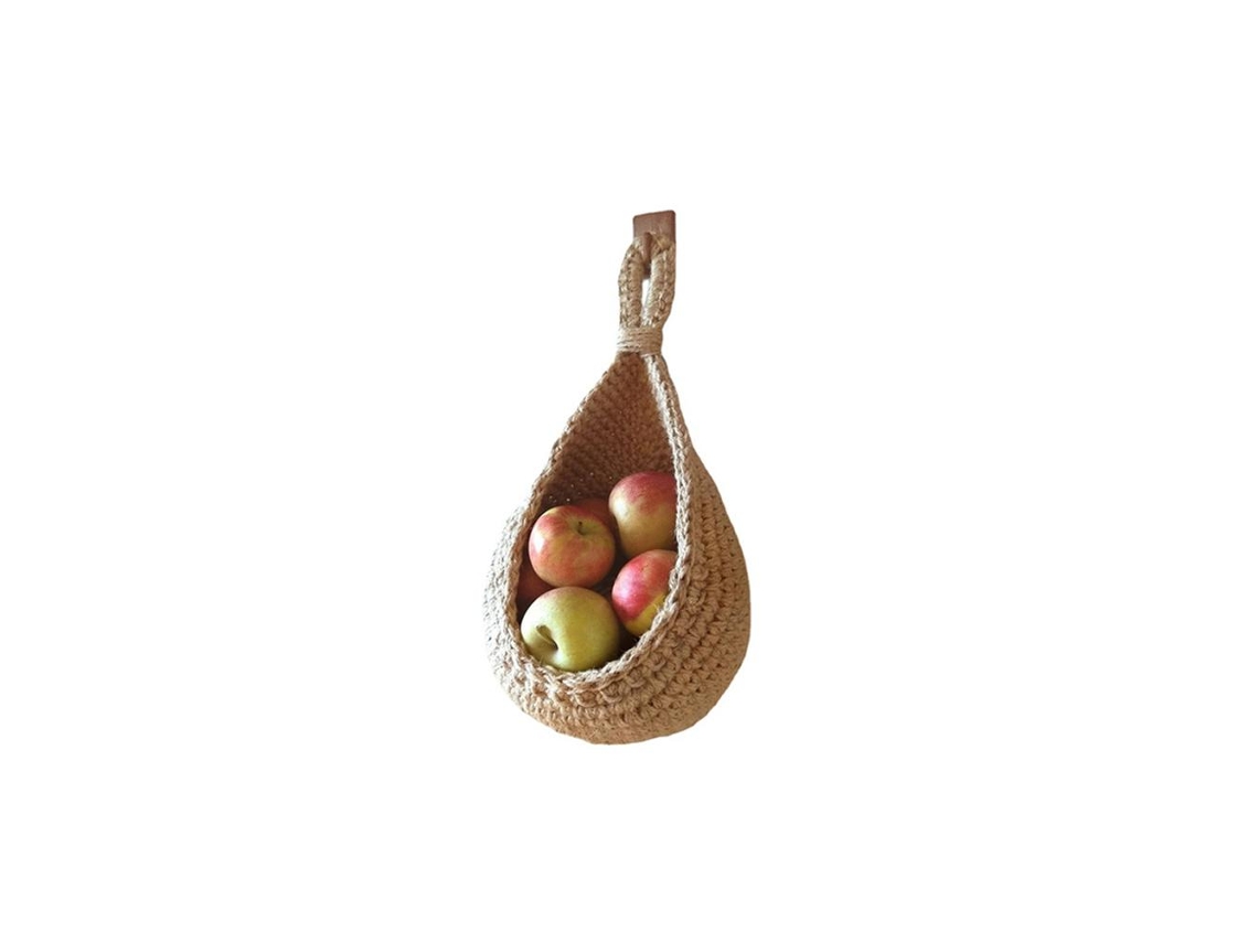 Cesta de yute rústica hecha a mano para colgar en la pared, ideal para guardar frutas y verduras en la cocina.