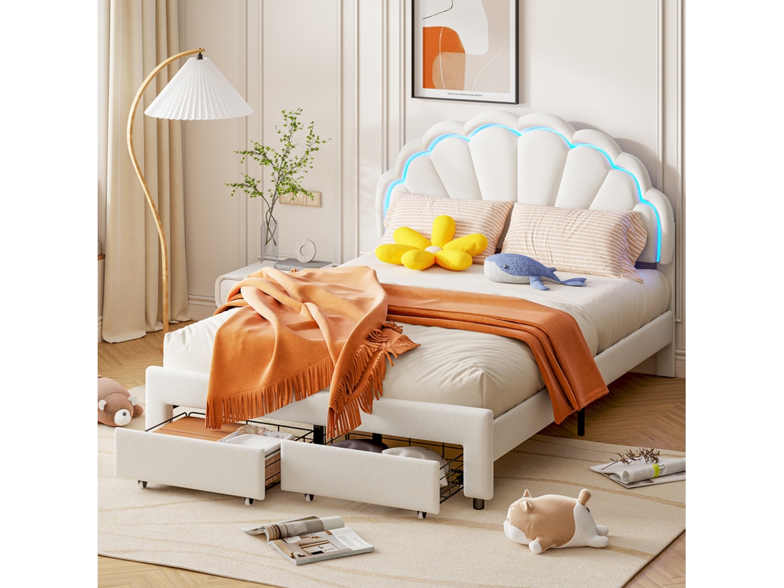 Cama Infantil Grande 140x200cm Con Cabecero De Concha, Luz Led Rgb + App Y Cajón - Cama Juvenil De Terciopelo Blanco Acogedora