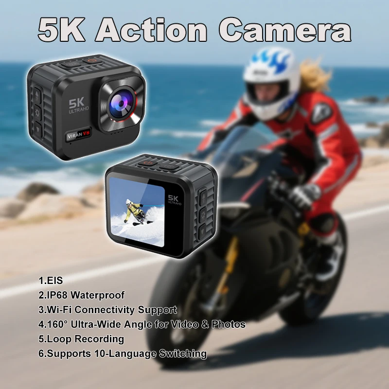 Cámara De Acción Portátil (negra, 64 Gb), 5k, Gran Angular De 160°, Resistente Al Agua, Batería De Larga Duración.