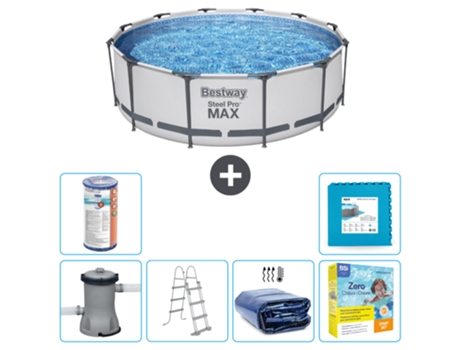 Piscina BESTWAY Round Steel Pro MAX - 366 x 100 cm - Gris - Incluida bomba - Escalera Vela solar - Paquete de mantenimiento - Filtrar - Baldosas