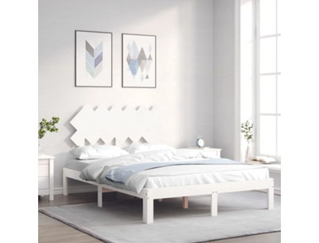 VIDAXL Cama doble blanca de madera maciza con cabecero (Madera - 135 x 190 cm)