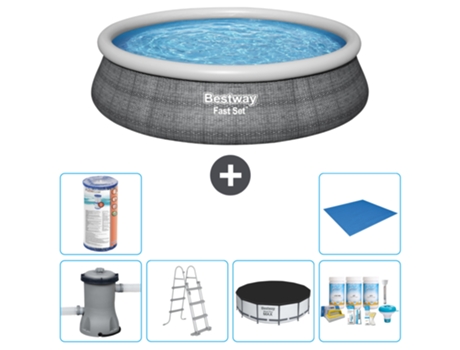 Piscina Hinchable Redonda Fast Set BESTWAY - Estampado Ratán - 457 x 107 cm - Incluida Bomba - Escalera Accesorios CB21