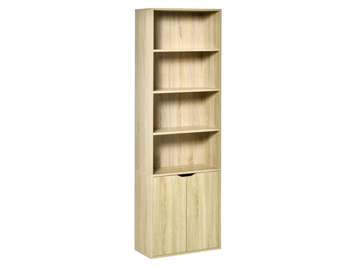 Librería de 4 baldas con 2 puertas, madera natural, para salón u oficina.