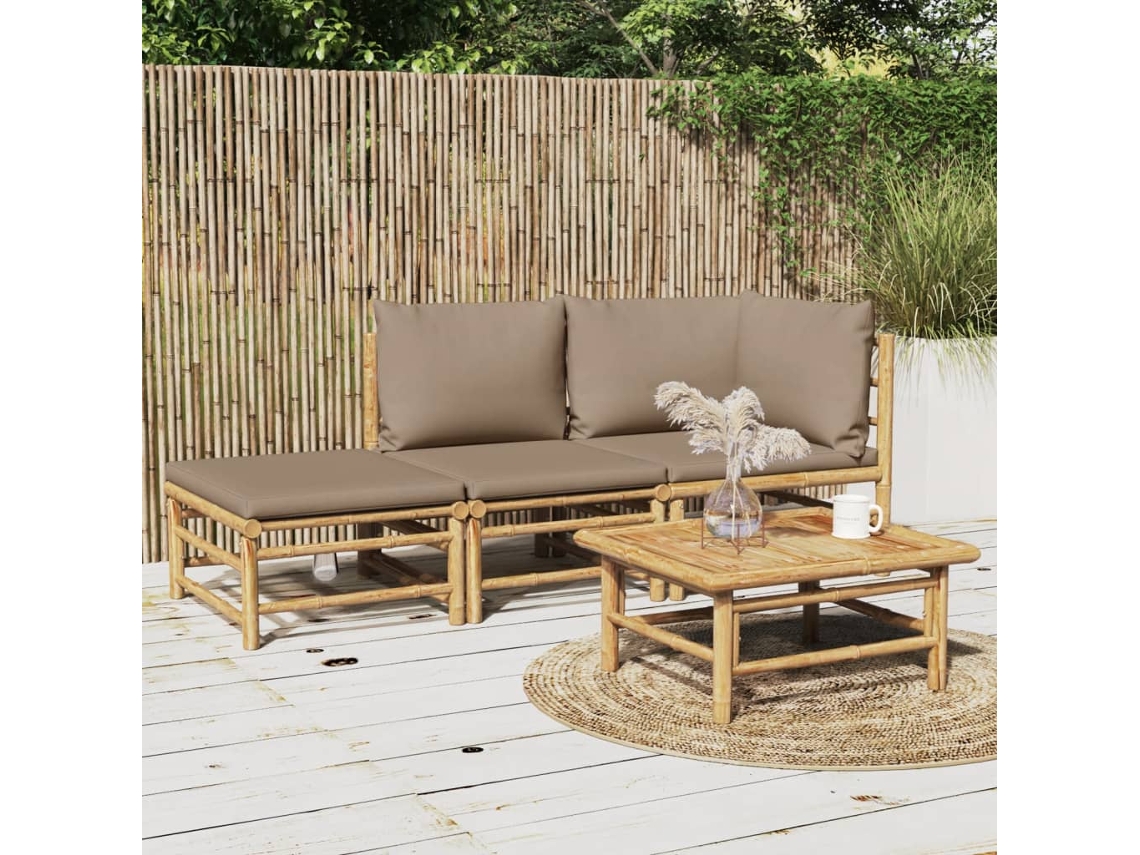 Conjunto de jardín de bambú de 3 piezas con cojines grises y marrones DKD Home Decor