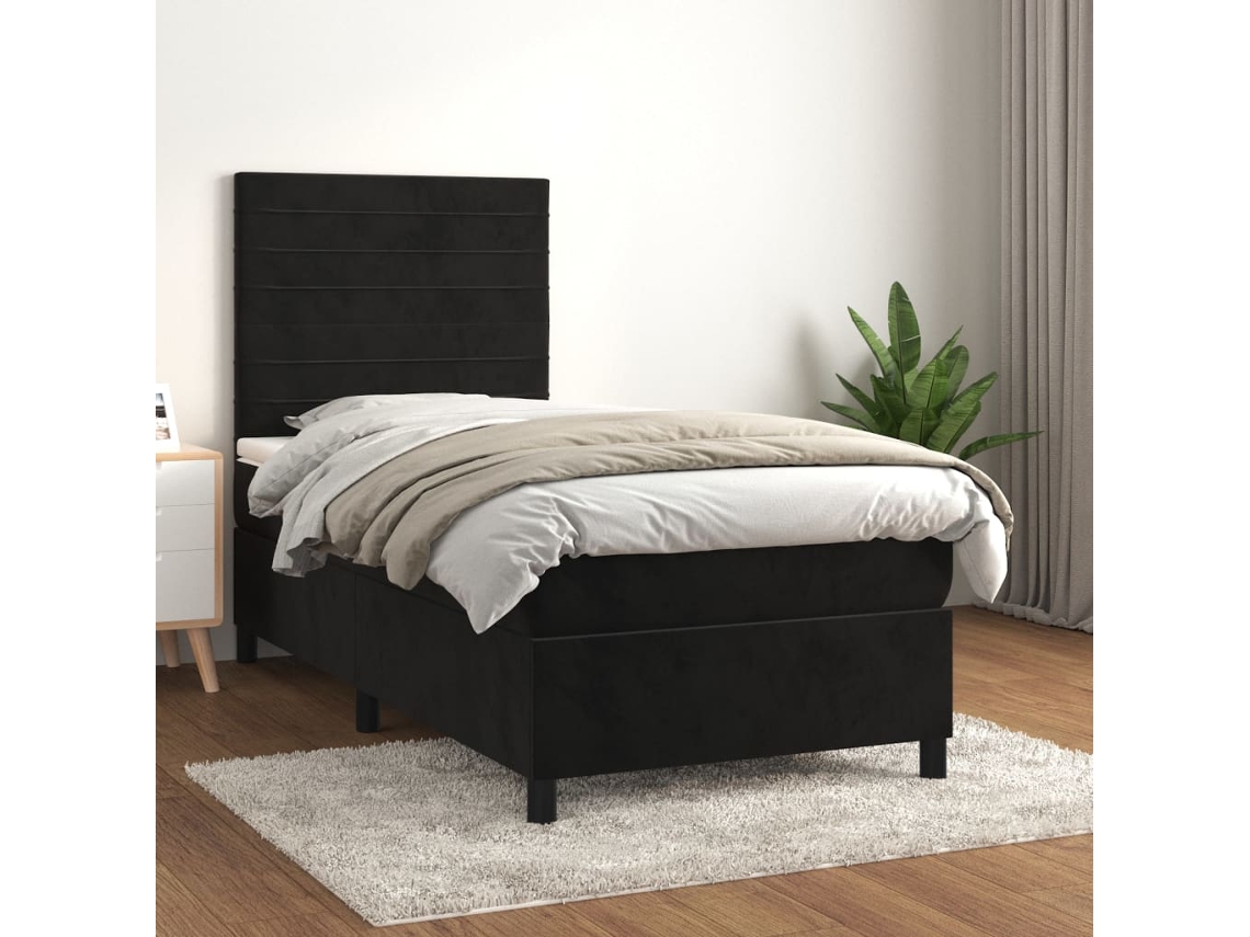 Cama Box Spring Con Colchón Cuero Sintético Negro 90x190 Cm