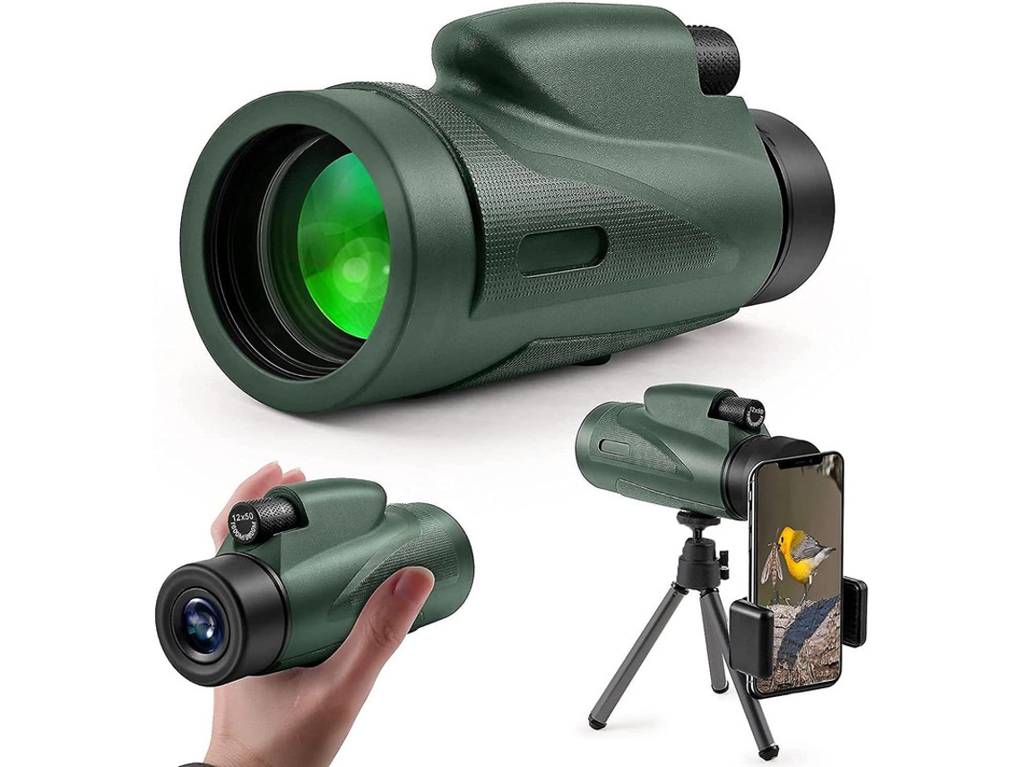 Telescopio monocular 12x50 HD Bak4 Prism FMC IP68, adaptador de trípode para smartphone, senderismo, caza, turismo, aves, verde militar.