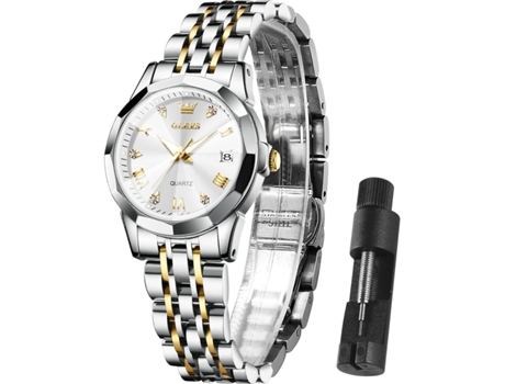 VEANXIN Moda Mujer Reloj de Diamantes Fecha Reloj de Acero Inoxidable Resistente al Agua(Oro blanco)