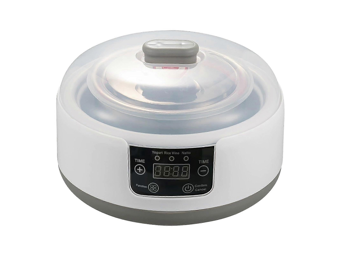 Yogurtera automática de 1,2 litros con recipiente de acero inoxidable, tiempo y temperatura ajustables para uso doméstico.