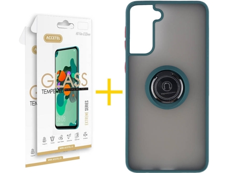 Carcasa y 2 Protectores de Pantalla de Vidrio Samsung S21 Plus ACCETEL Gel Bumper Ring Verde