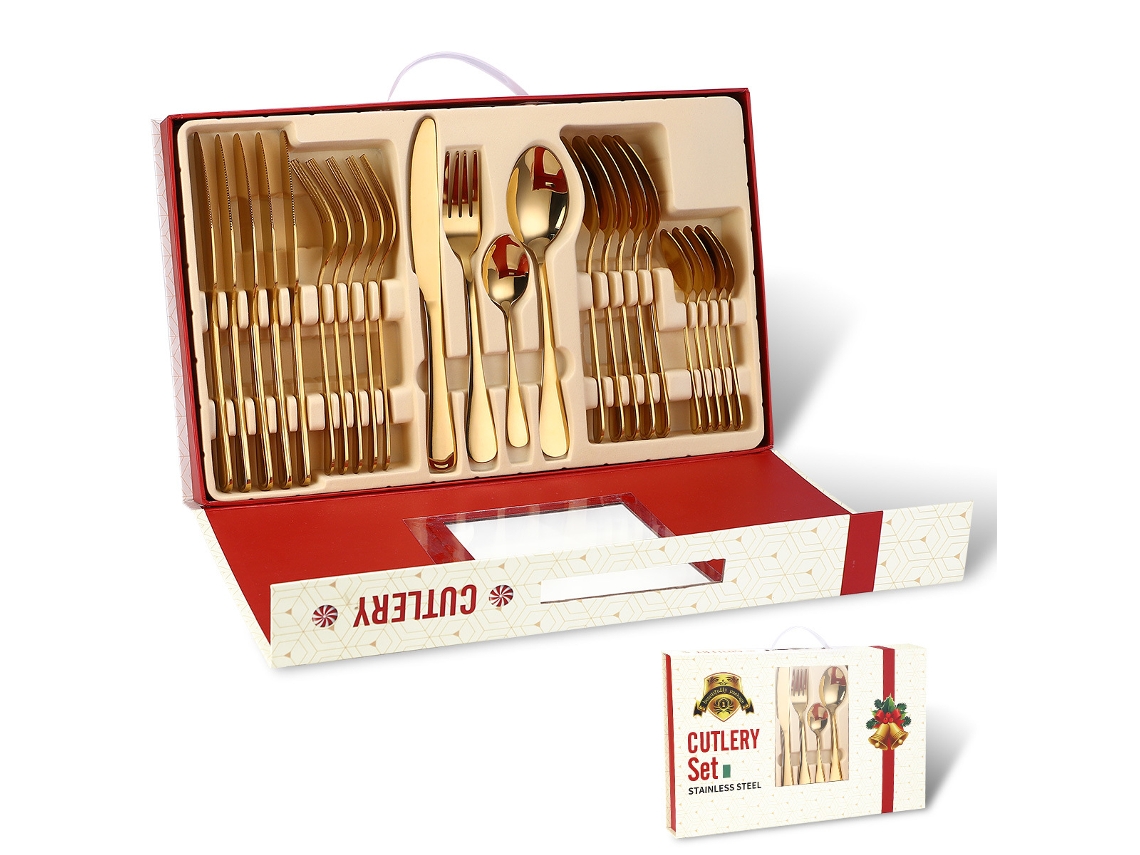 Conjunto de Talheres de Aço Inoxidável Caixa de Presente de Natal 24 Peças-Ouro GERTIZ