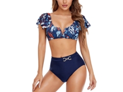Traje de baño de dos piezas con escote en V, cola, estampado floral, azul marino, talla M.