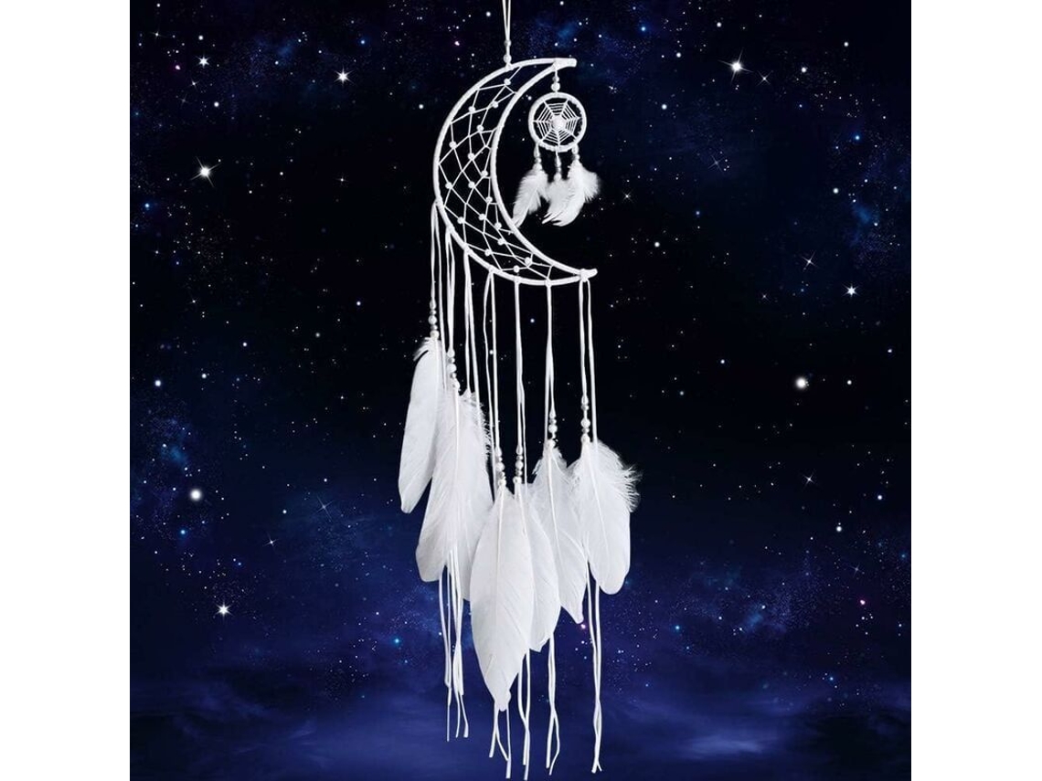 Cazador De Sueños Artesanal Diseño Luna Con Plumas Colgante Pared Decoración Hogar Regalo Blanco
