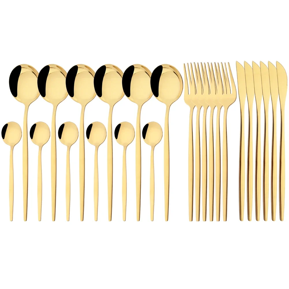 Cubiertos de acero inoxidable con acabado pulido espejo, que incluyen cuchillo, tenedor y cuchara. MDUG (oro, juego de 24 piezas)