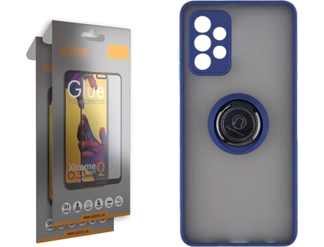 Funda y 2 Protectores de Cristal Full Samsung Galaxy A72 5G ACCETEL Gel Bumper Ring Azul