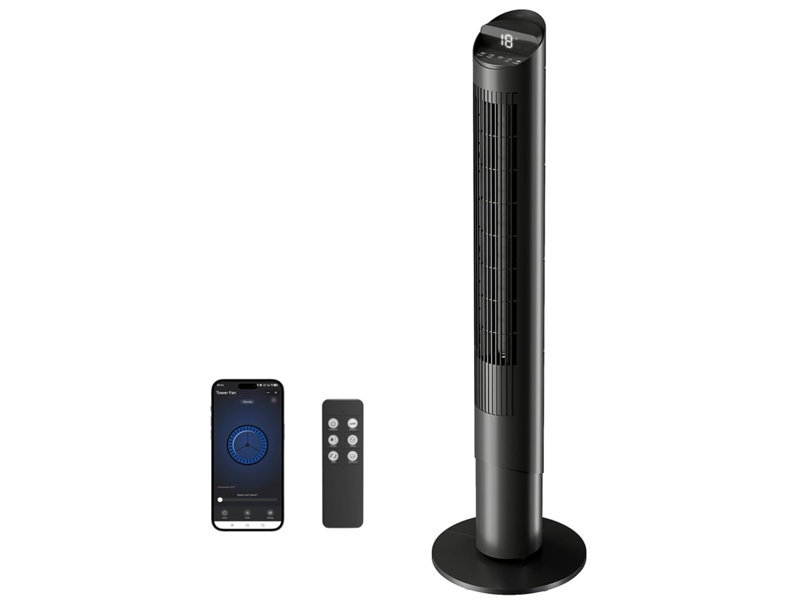 Ventilador de torre de 116 cm con control remoto Wifi, oscilación de 65°, 6 velocidades y 4 modos.